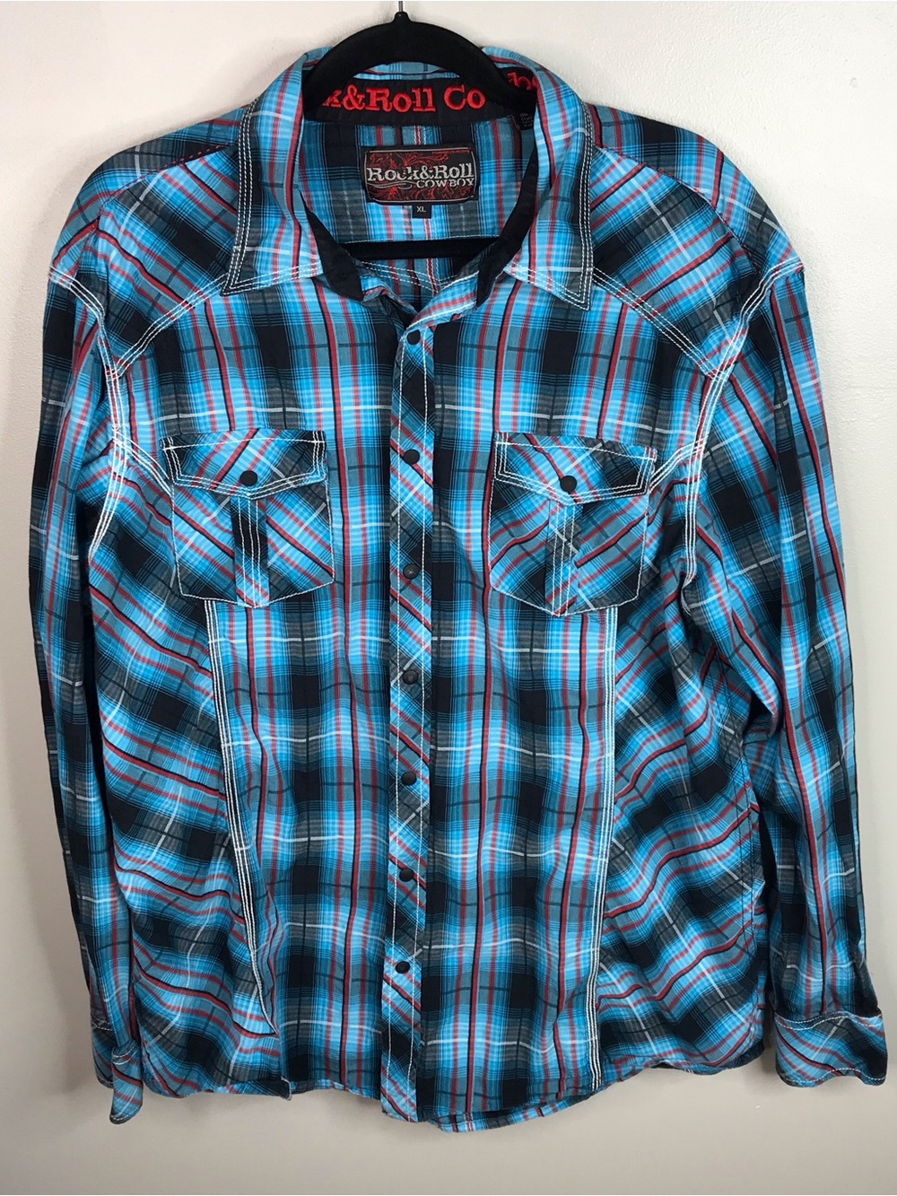 Rock & Roll Cowboy Blue Plaid Button-Down Shirt Men’s SZ XL